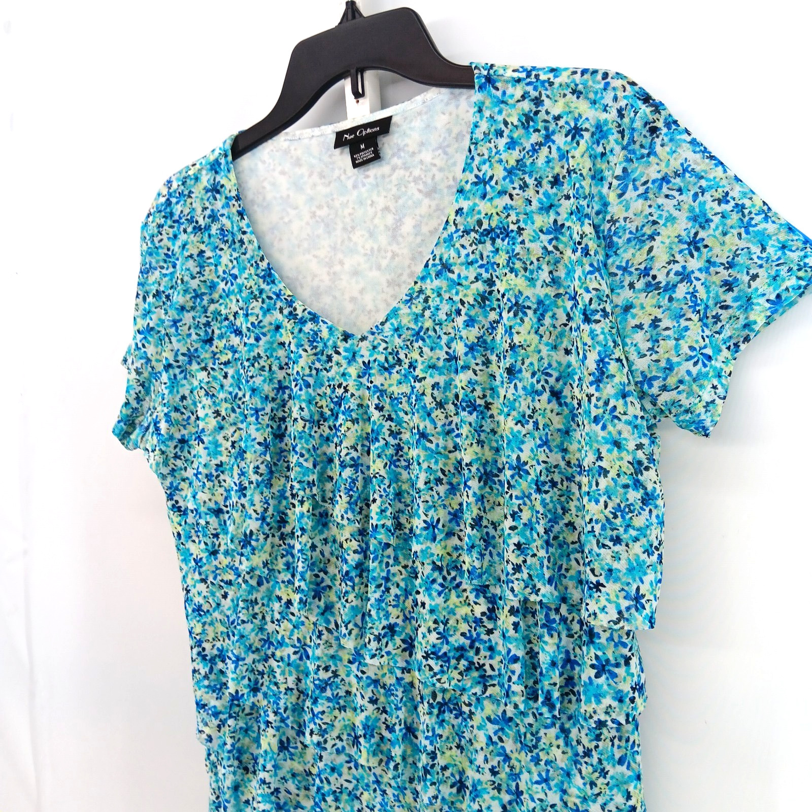 Nue Options Blouse Womens Medium Blue Mini Floral Ruffles Sheer Back Lined Top