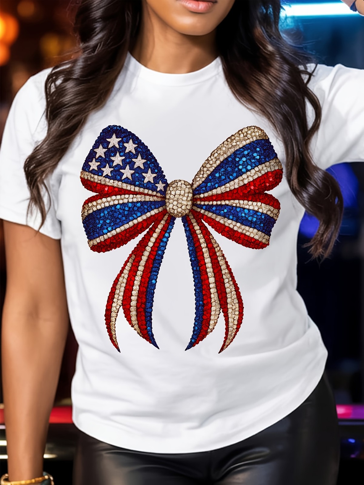 Patriotic Sequin Bow Graphic Tee – USA Flag Coquette Aesthetic T-Shirt