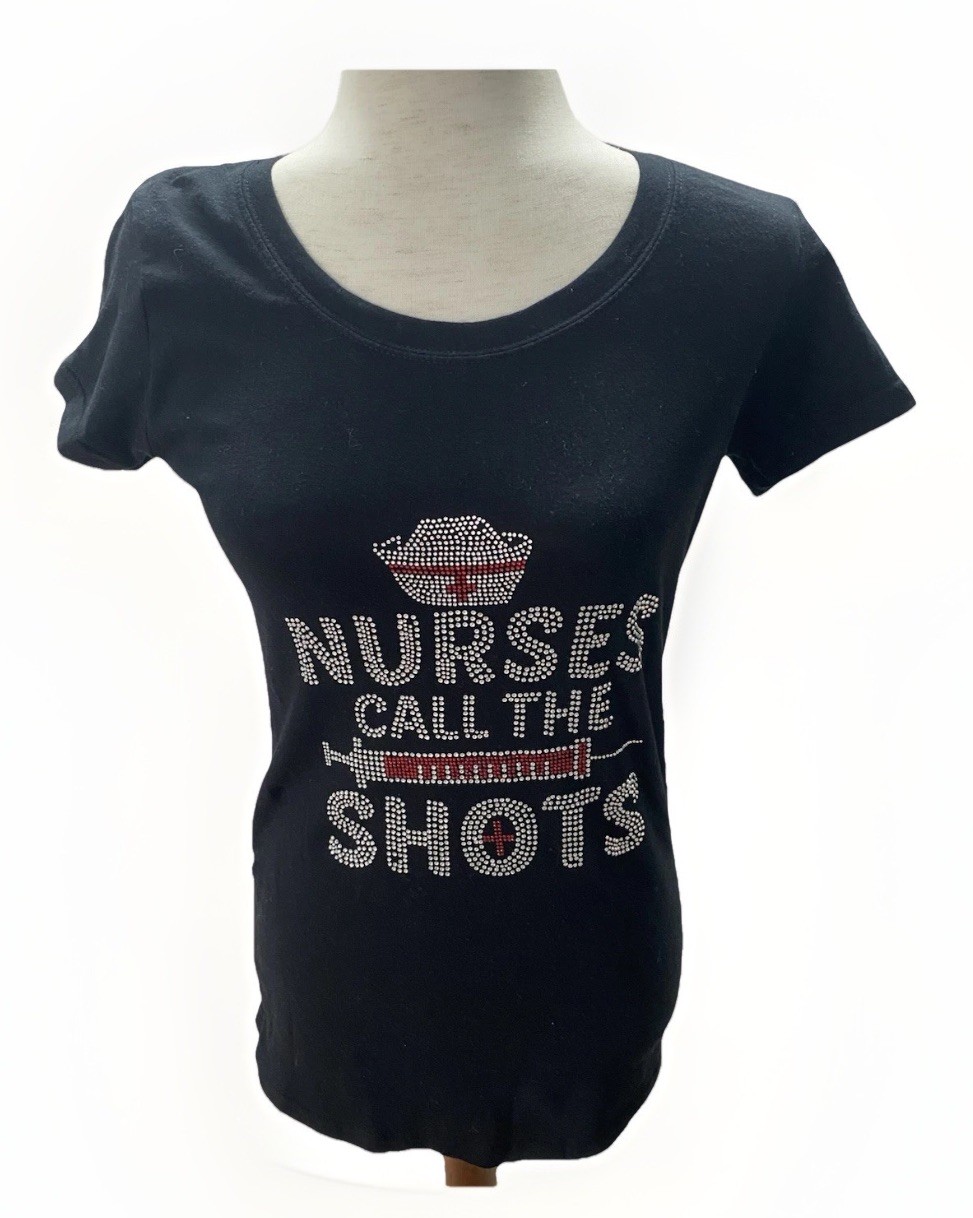 Nurses Call The Shots Baby Tee Black Embellished Women’s Size XL Fits M Graphic