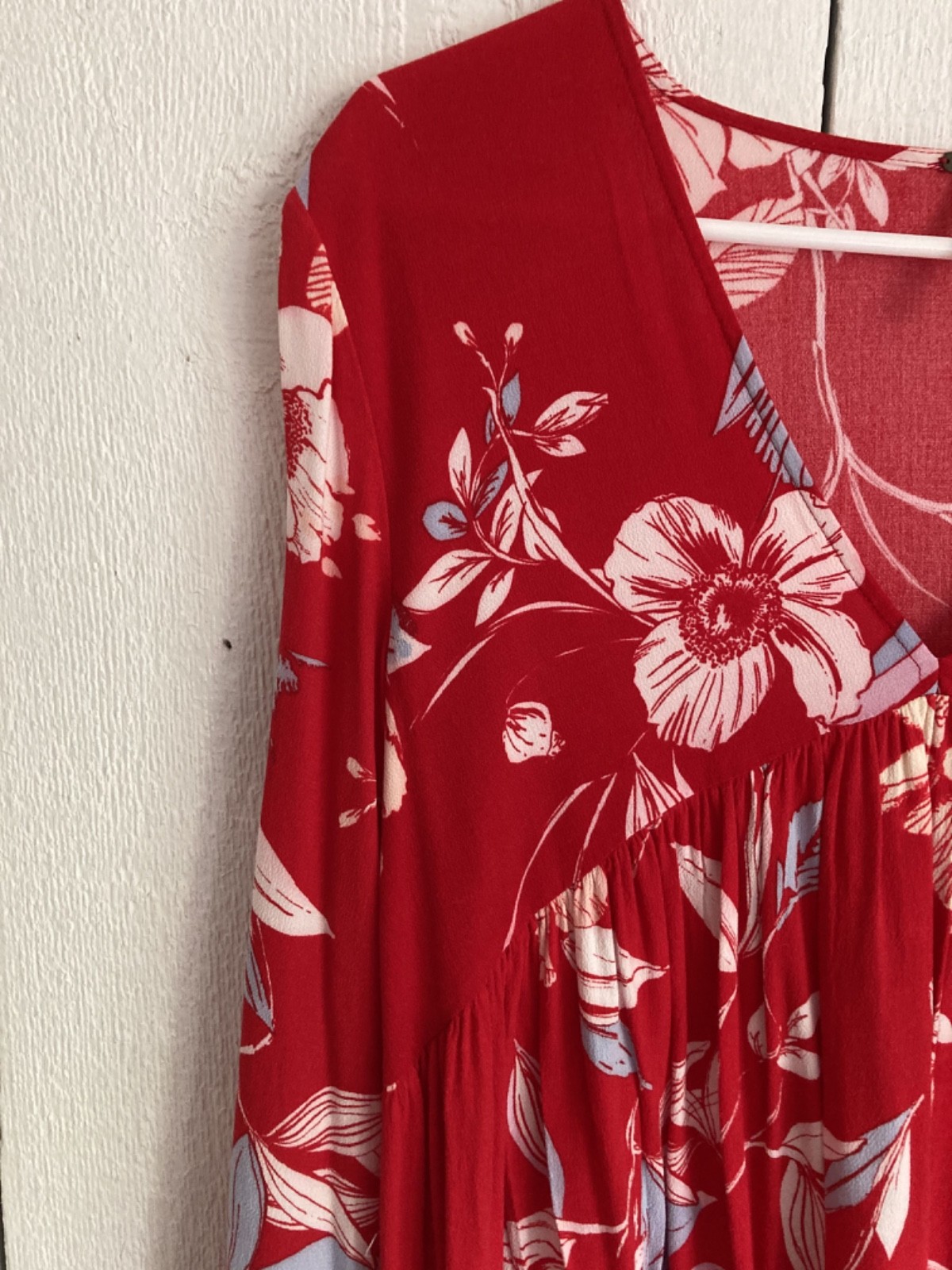 Free People BELLA Floral Print Bell Sleeve Tunic Mini Dress Top in Red Sz XS