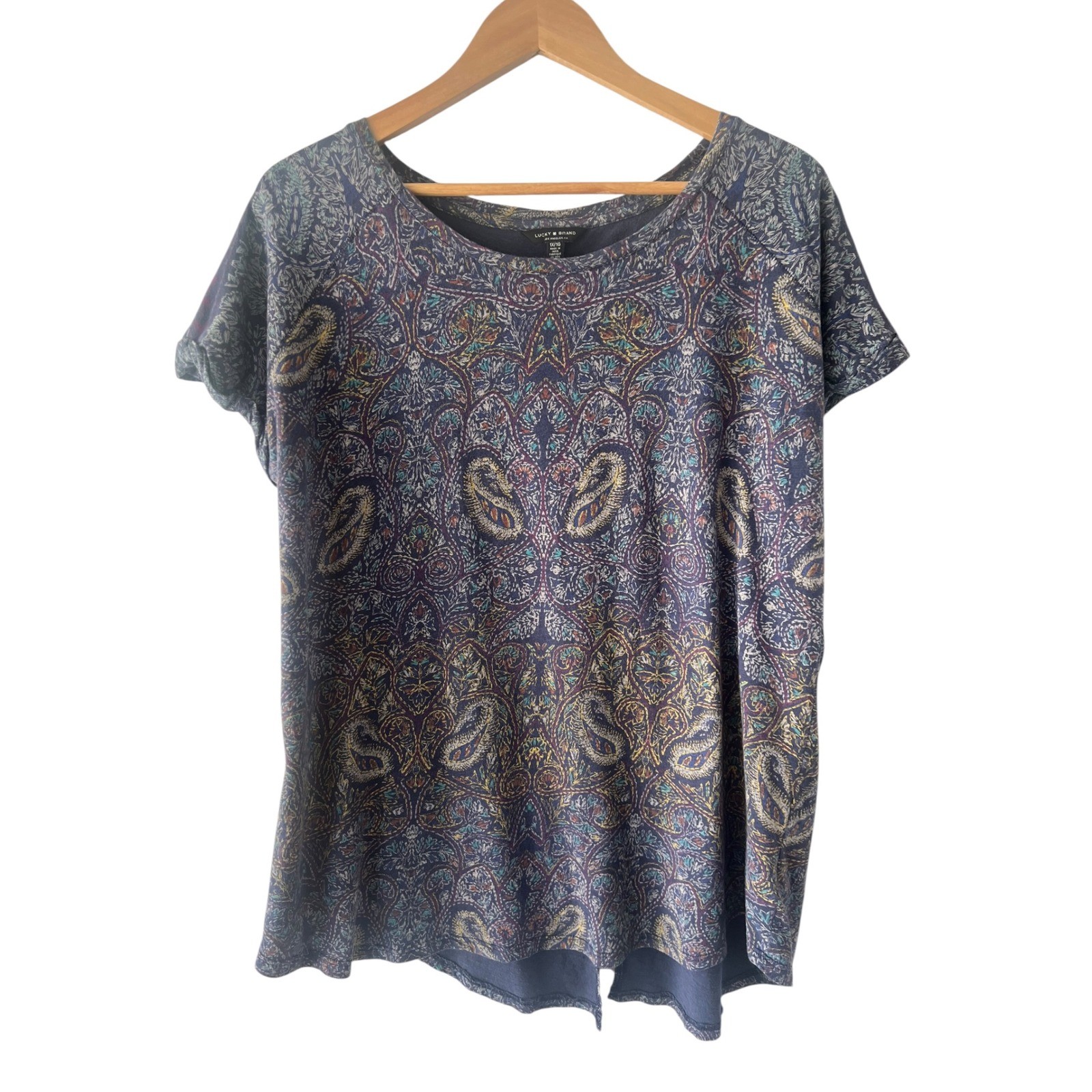 Lucky Brand Paisley Split Back Boho Top Womens Plus 1X Blue Cotton Modal