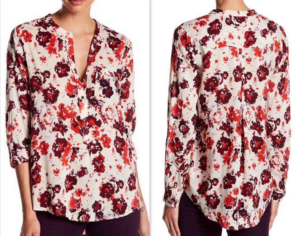NWT LUCKY BRAND Floral Print Roll-tab long Sleeves Shirt Hem Blouse Size L $90