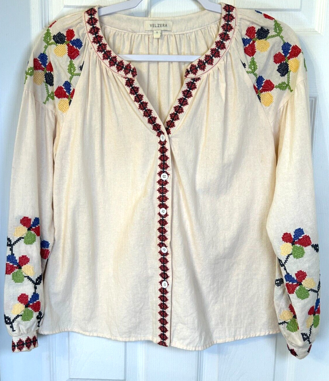 Velzera Blouse Sz S Embroidered Art to Wear Boho Gypsy Festival Party Top
