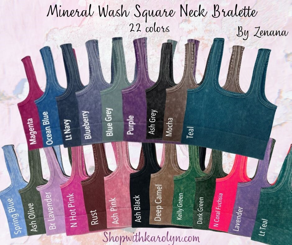 Zenana Ribbed Mineral Wash Bralette Square Neck 17 colors Crop top S-XL 32A-40DD