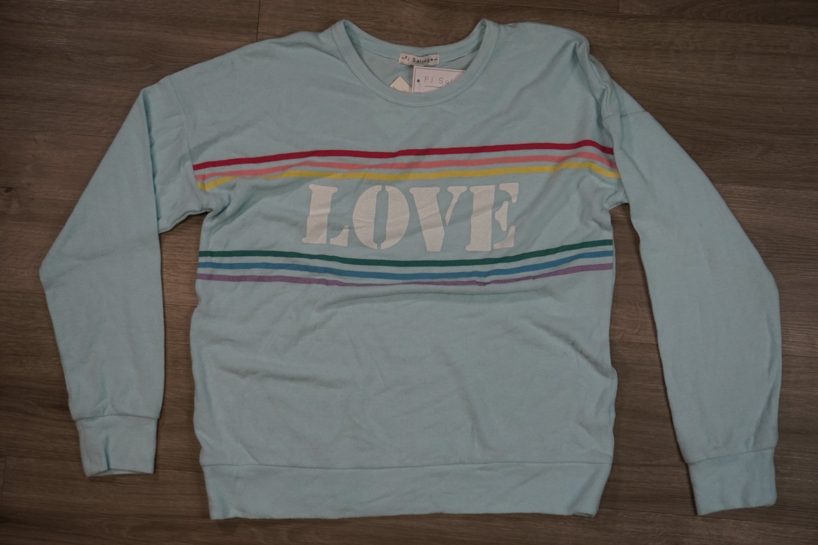 New PJ Salvage Love Rainbow Pajama Top Women’s Size M Blue Crew Long Sleeve Knit