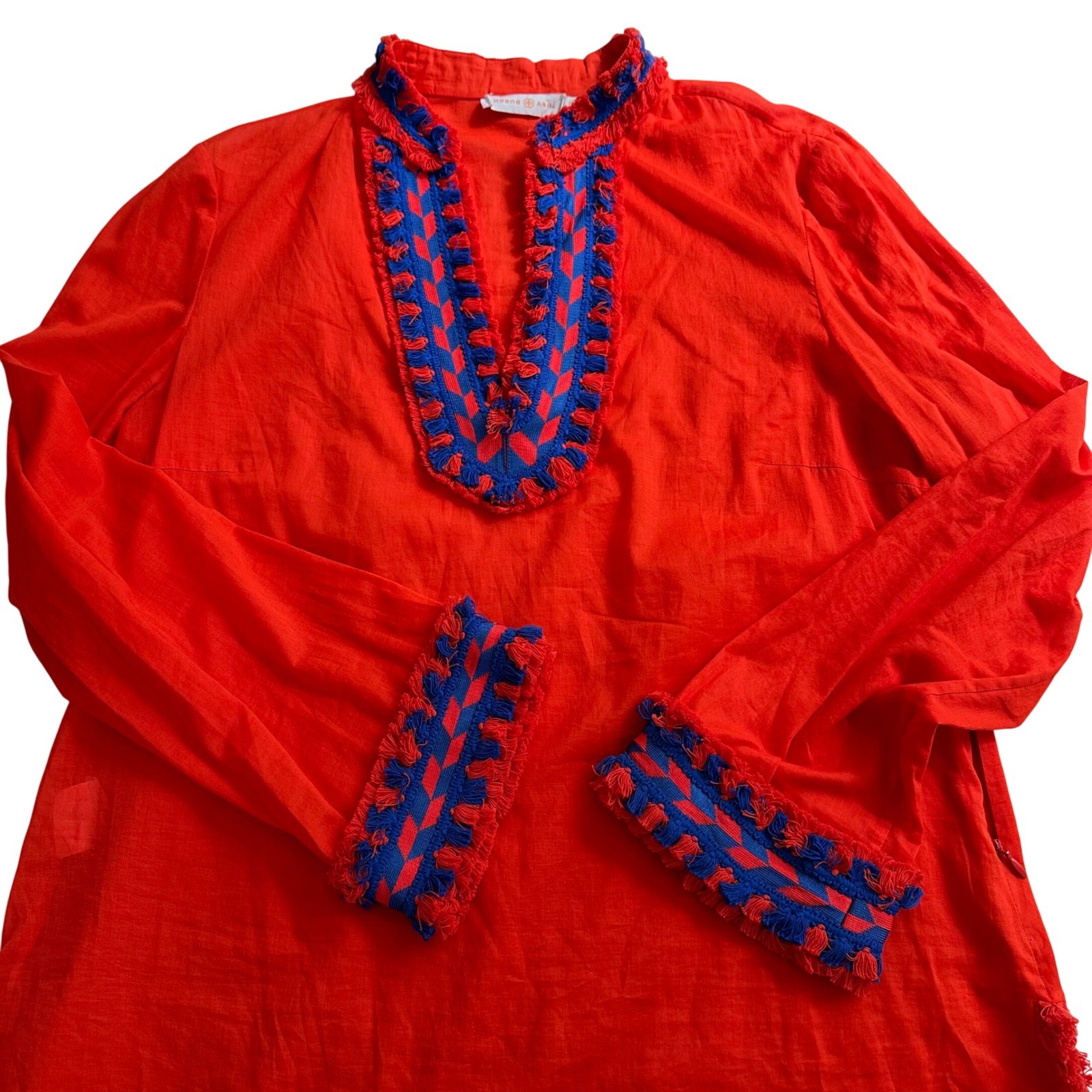 Tory Burch Red Orange Embroidered Fringe Tunic Top Womens Size 14 Side Zip