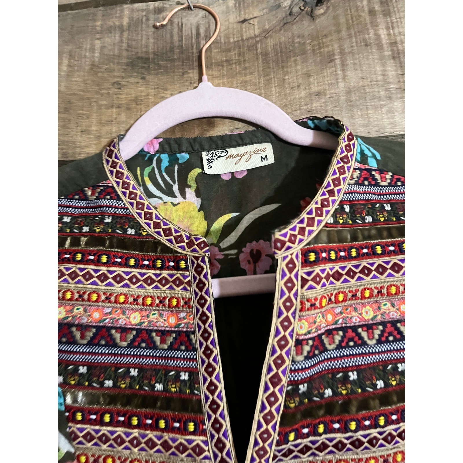 Magazine Womens Floral Embroidered Bib Tunic Blouse Olive Green Long Sleeve M