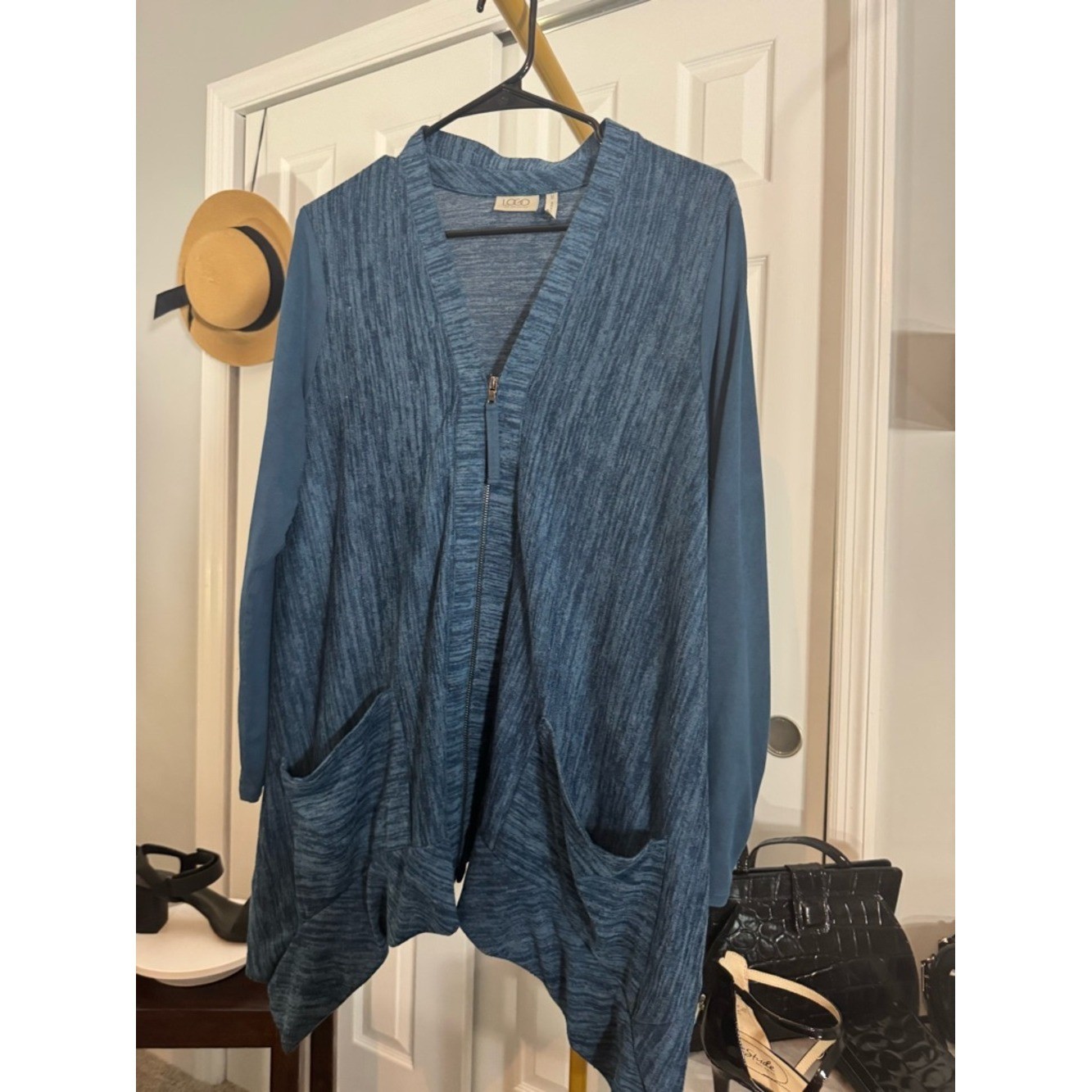 LOGO by Lori Goldstein Lagenlook Blue Heathered Open Cardigan with Zipper