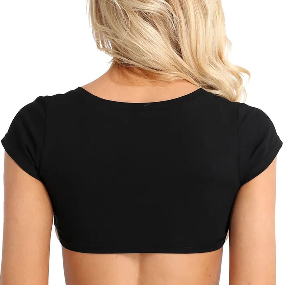 Short Sleeve Tee Women Sexy Crop Tops Clubwear No Bra Half T-Shirt Blouse Black