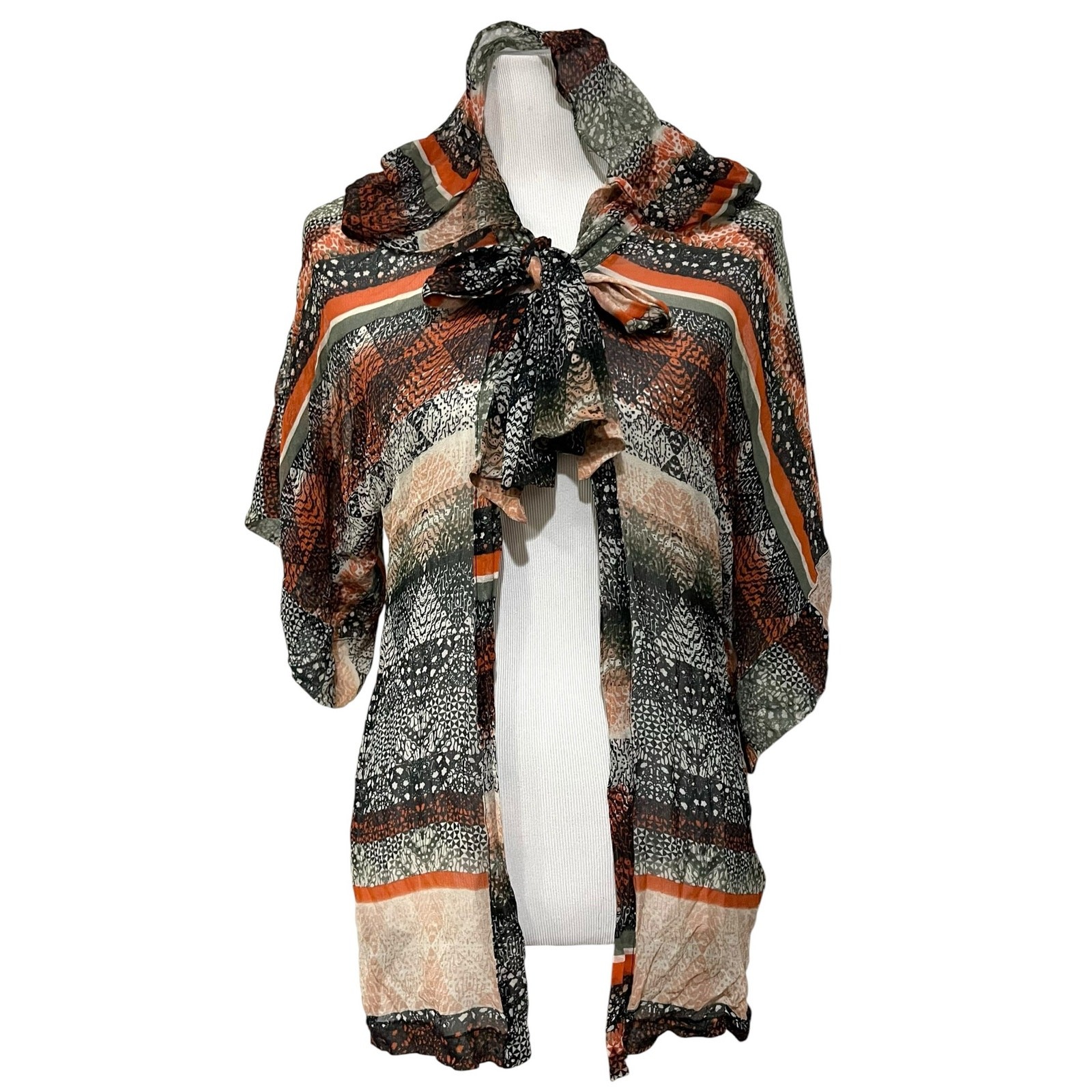 Anthropologie Daughters of Revolution 100% Silk Sheer Top Cardigan Hooded Sz L