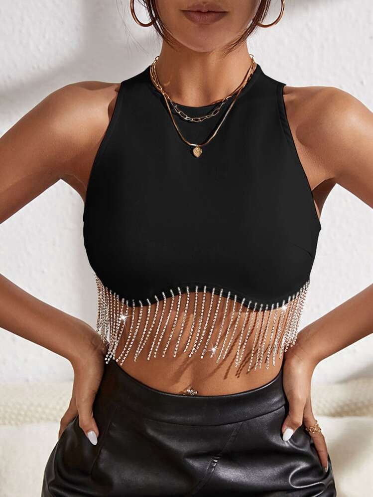 SHEIN BAE Women’s Sz 6(M) Black Rhinestone Fringe Zip Back Tank Crop Top