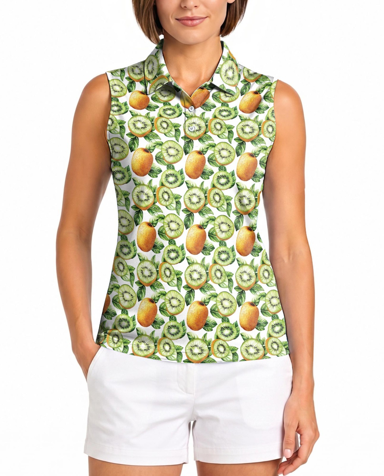 Women Sleeveless Polo Shirt Kiwi Fruit Food Tropical Watercolor Top