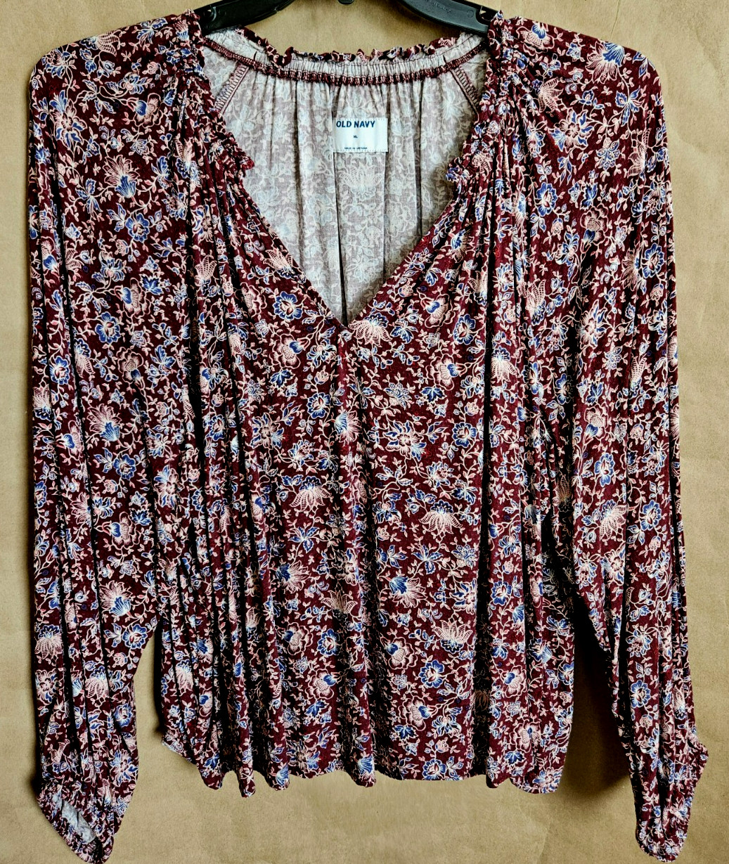 OLD NAVY WOMENS TOP PULLOVER V-NECK LONG SLEEVES BURGUNDY & BLUE SIZE XL # 4934