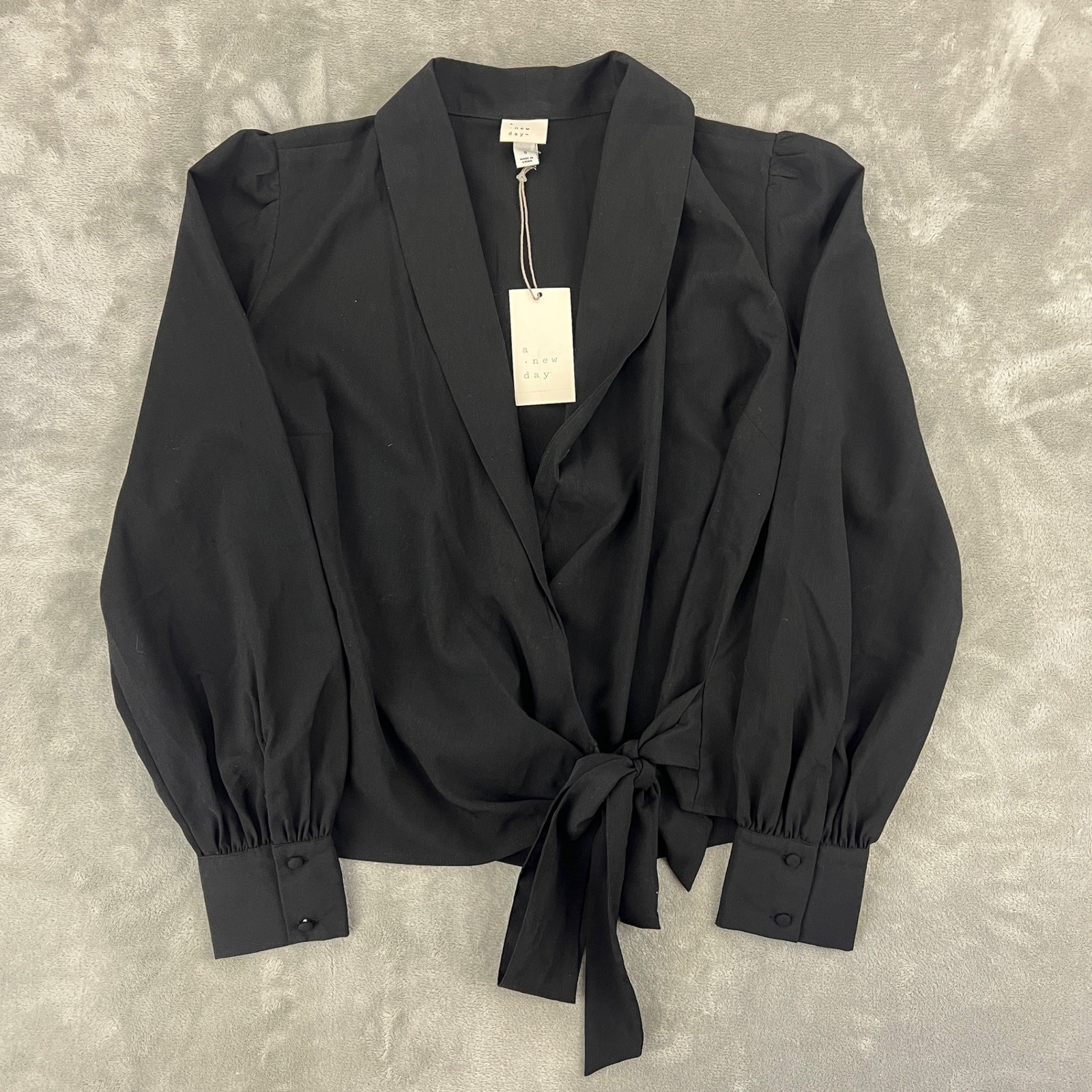 A New Day Black Wrap Blouse Shawl Collar Puff Sleeve Tie Waist Top Small NWT
