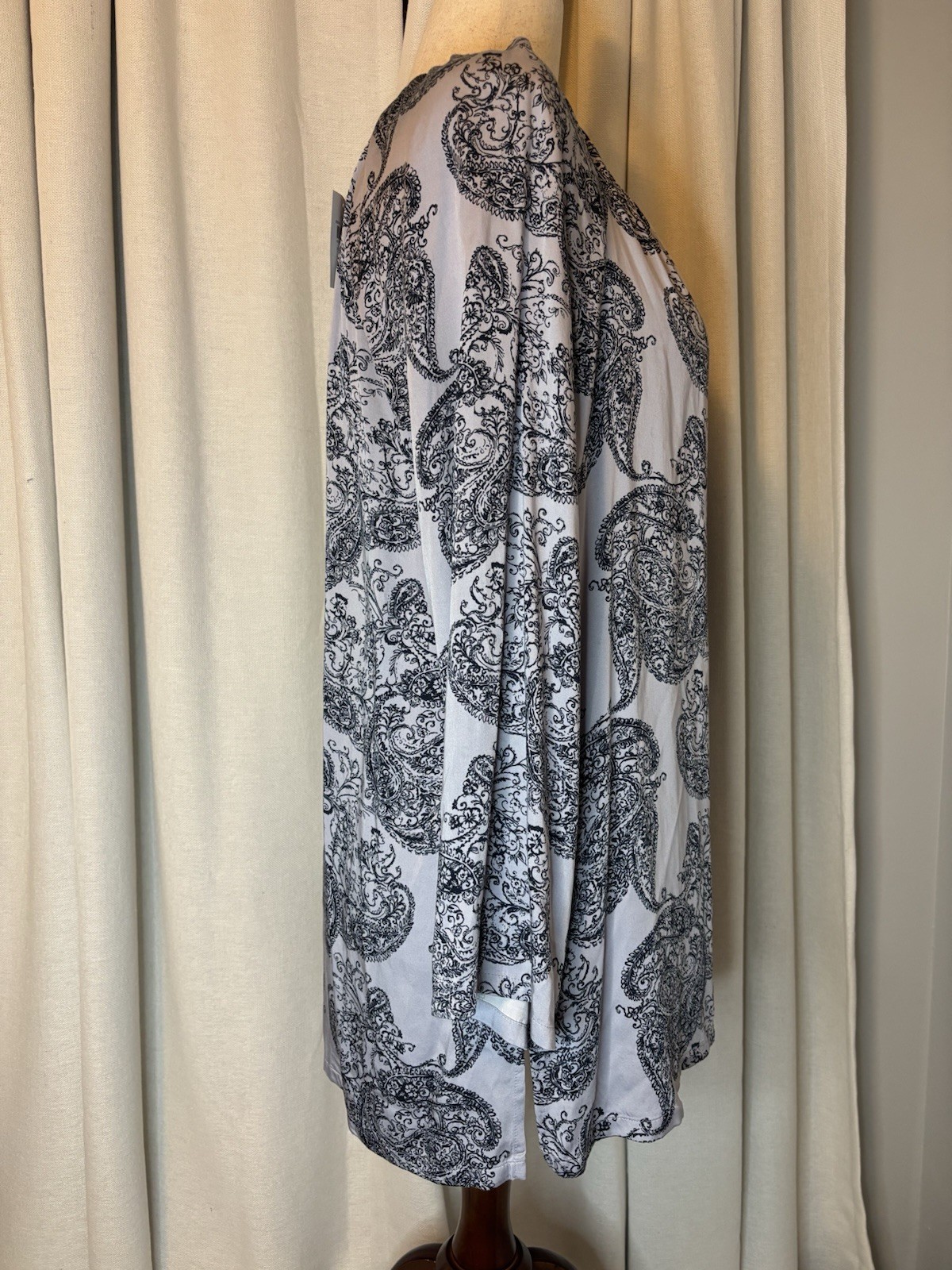 Pure Jill Blue Paisley V Neck Tunic, Long Sleeves Slit Sides Stretch Viscose NWT