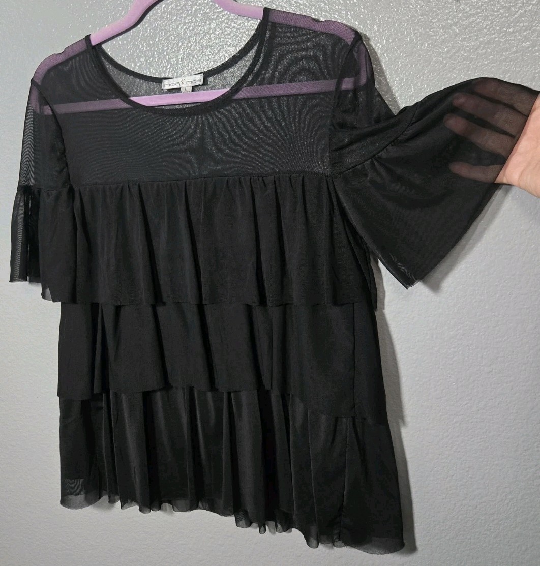 Sheer L Black Tiered Ruffle Top Flowy Lined Sheer Cape Sleeve