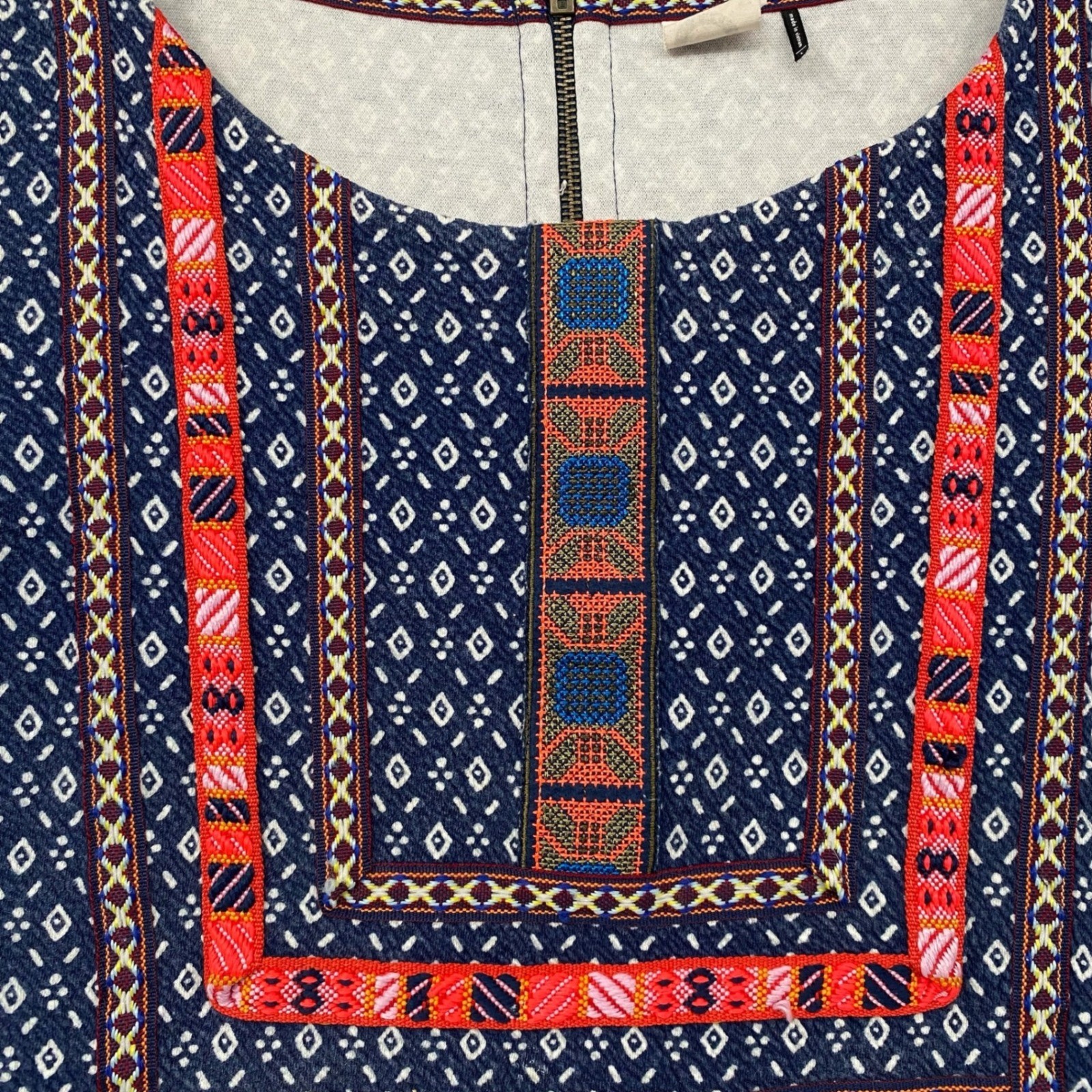 Akemi + Kin Anthropologie Blue Geometric Embroidered Bib Tunic Top Large