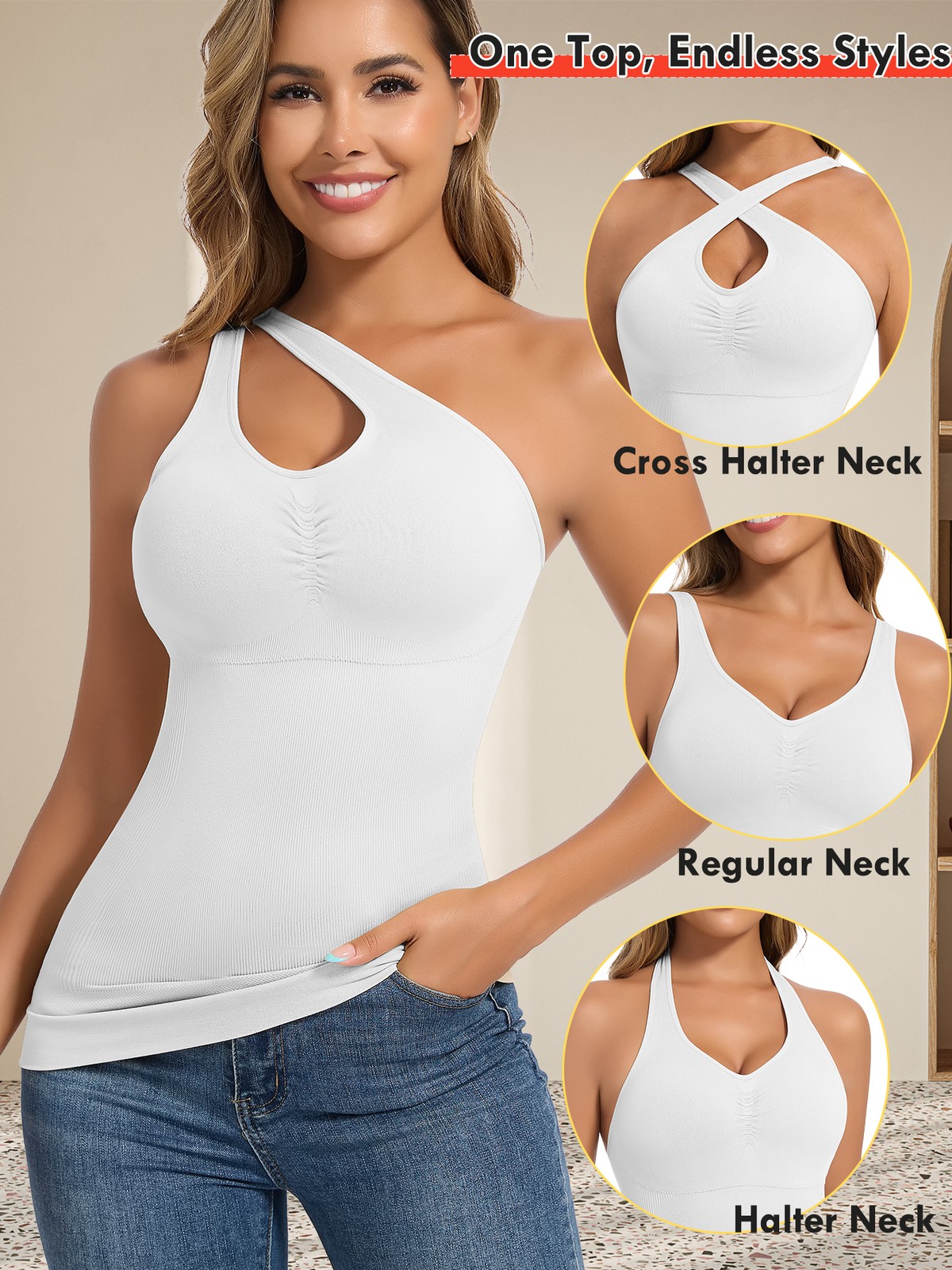Women Built in Bra Cami Vest Tank Top Shaper Tummy Control Slim Multi-way Straps