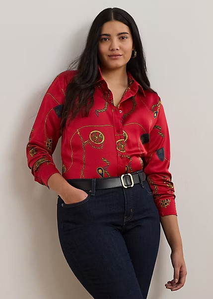 NWT! R Lauren Woman Classic Fit Print Satin Charmeuse Shirt Belting Print Red 3X