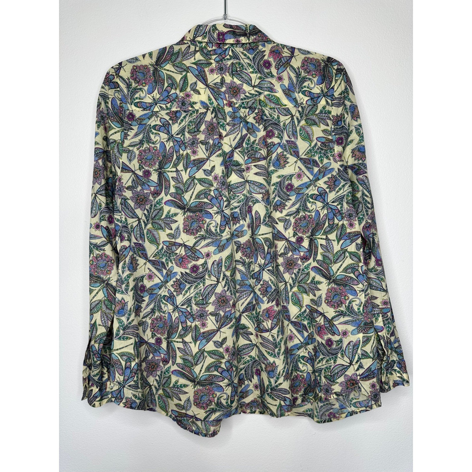 J. Jill Cotton Button Down Shirt Size M Yellow Dragonfly Paisley Floral Artsy