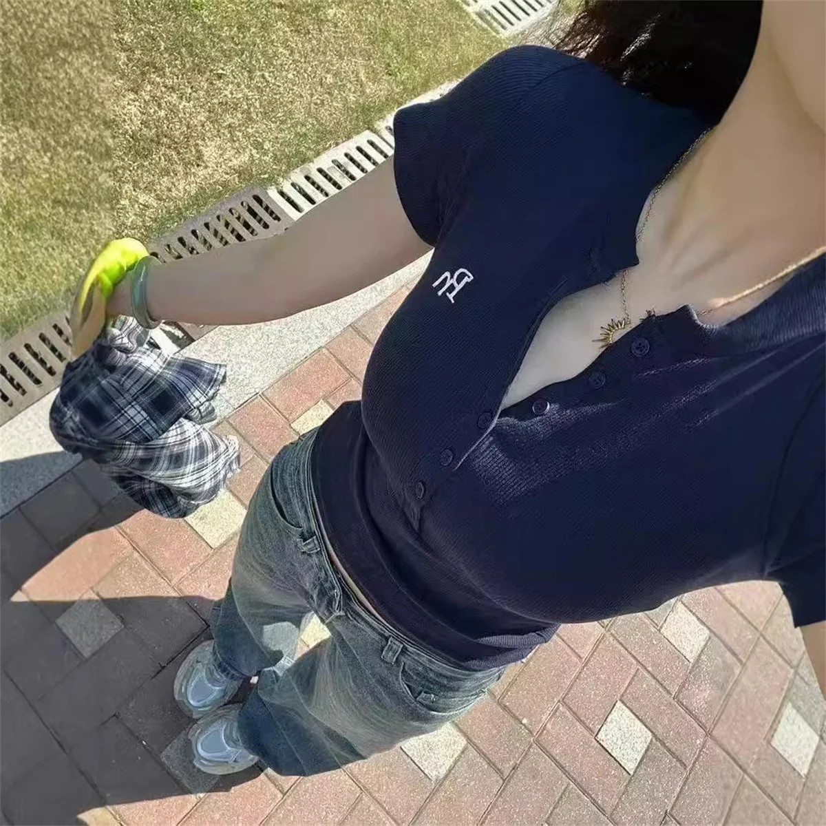Women’s Korean V Neck Slim Crop T Shirt Short Sleeve Summer Stretch Top
