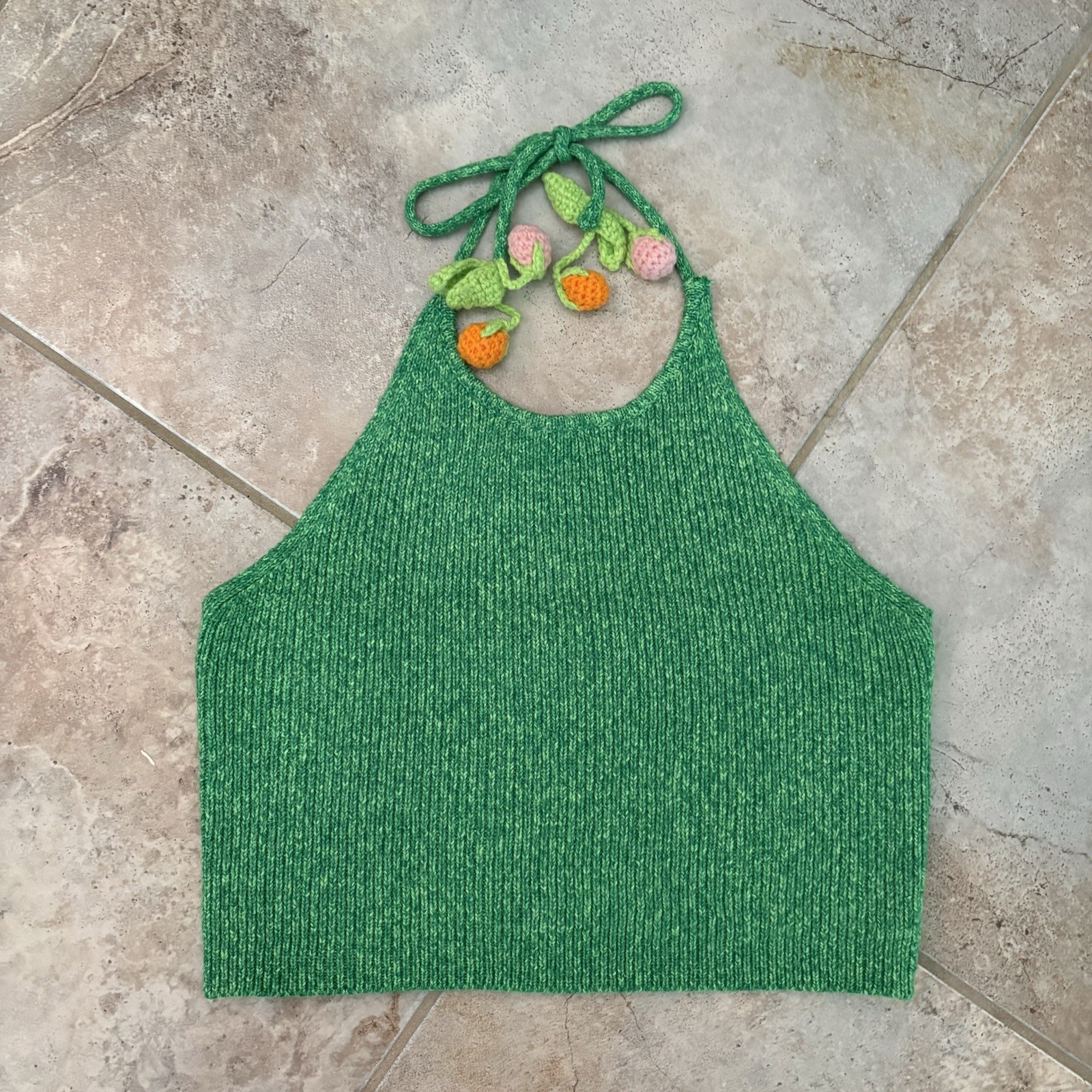 Crochet Fruit Green Halter Top Women’s Large 3D Cottagecore Boho Festival Summer