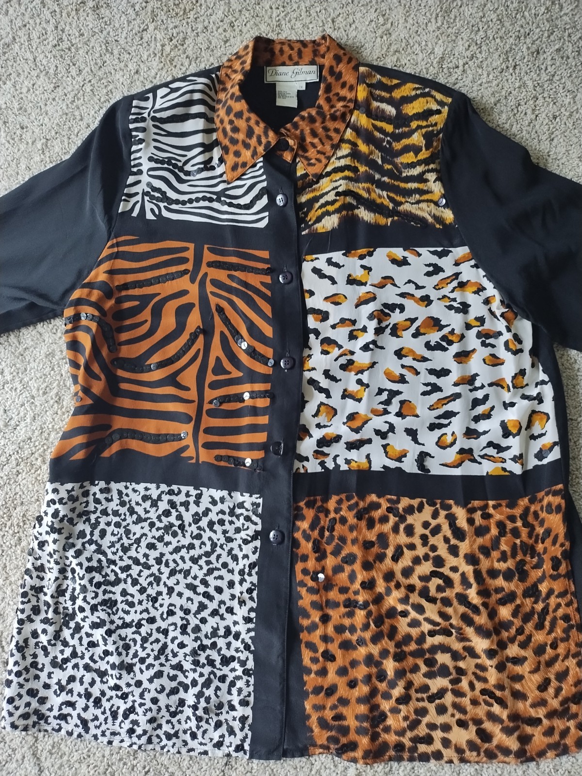 Vtg Diane Gilman 100% Silk Blouse Shirt Women’s 1X Sequin Animal Print Comfort
