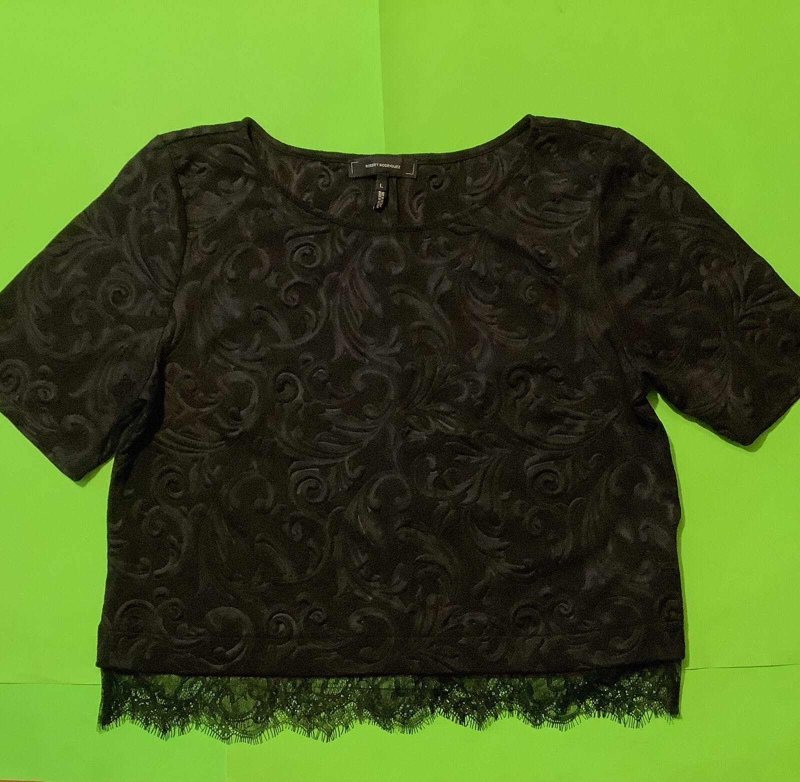 ROBERT RODRIGUEZ Women’s Short Sleeve T-Shirt Large Black Floral NEW