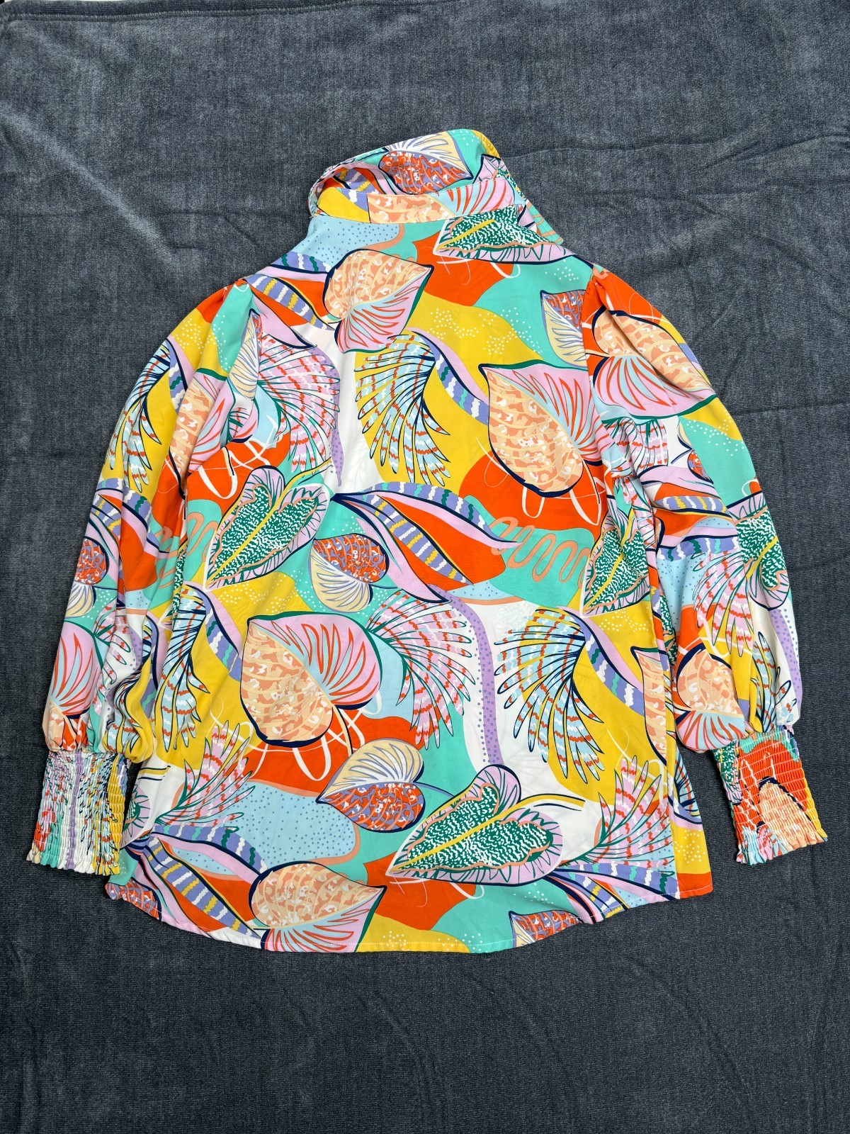 Womens Colorful Tropical Print Blouse Smocked Cuffs Oversized Button Front
