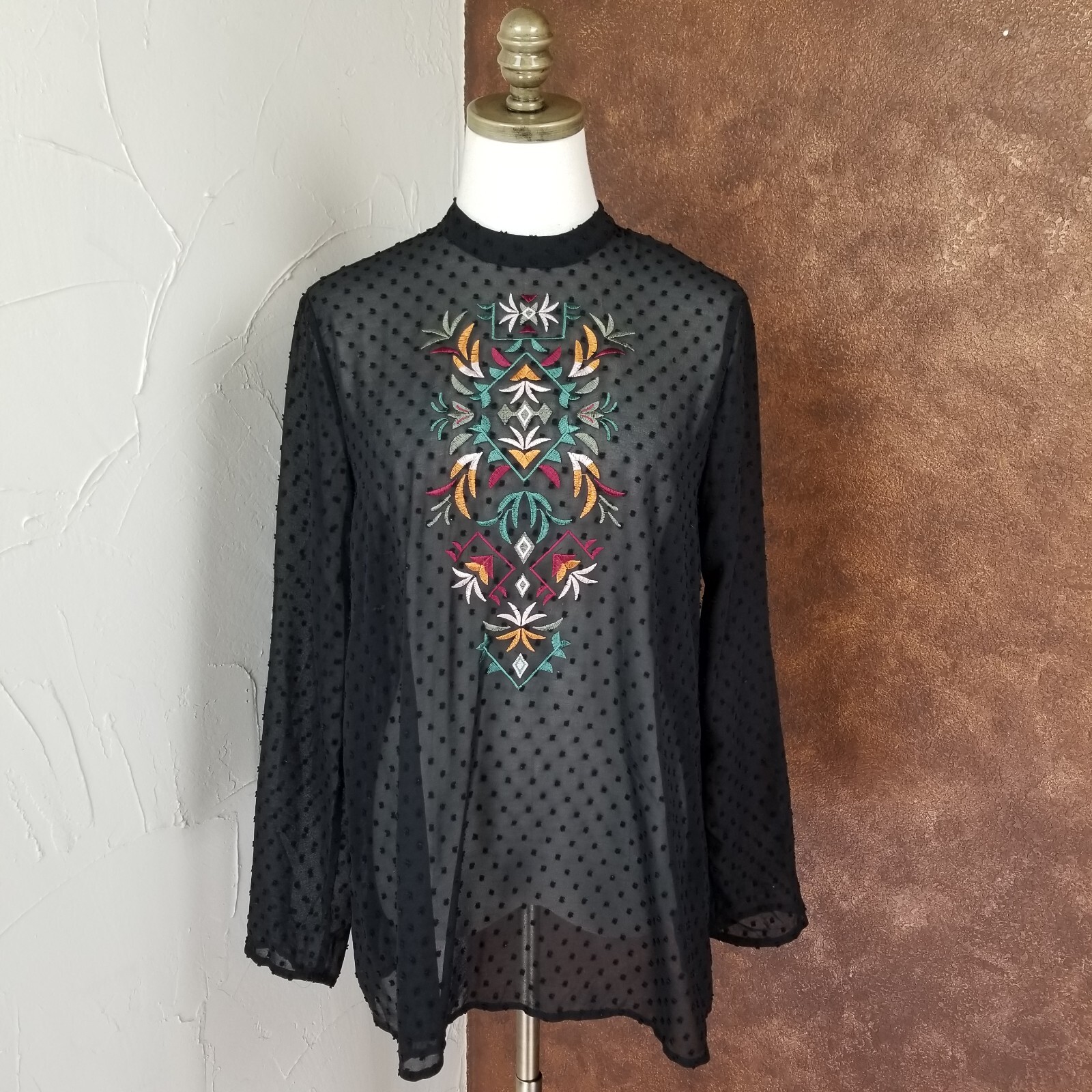 Altar’d State Blouse Womens Size M Black Floral Embroidered Sheer Textured Top