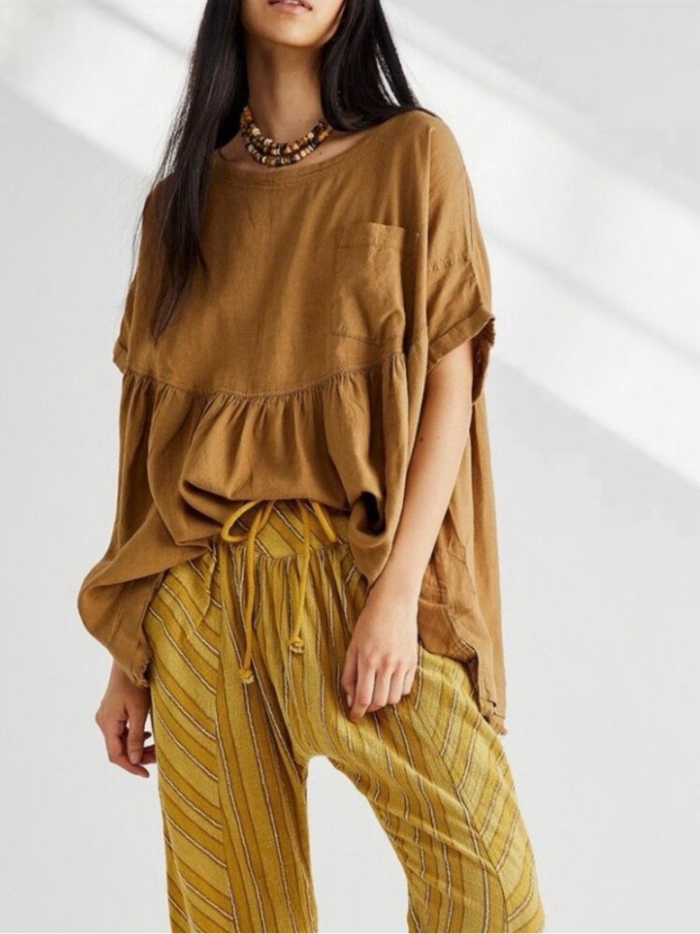 Free People Moon City Brown Oversized Distressed Linen Peplum Peasant Tunic