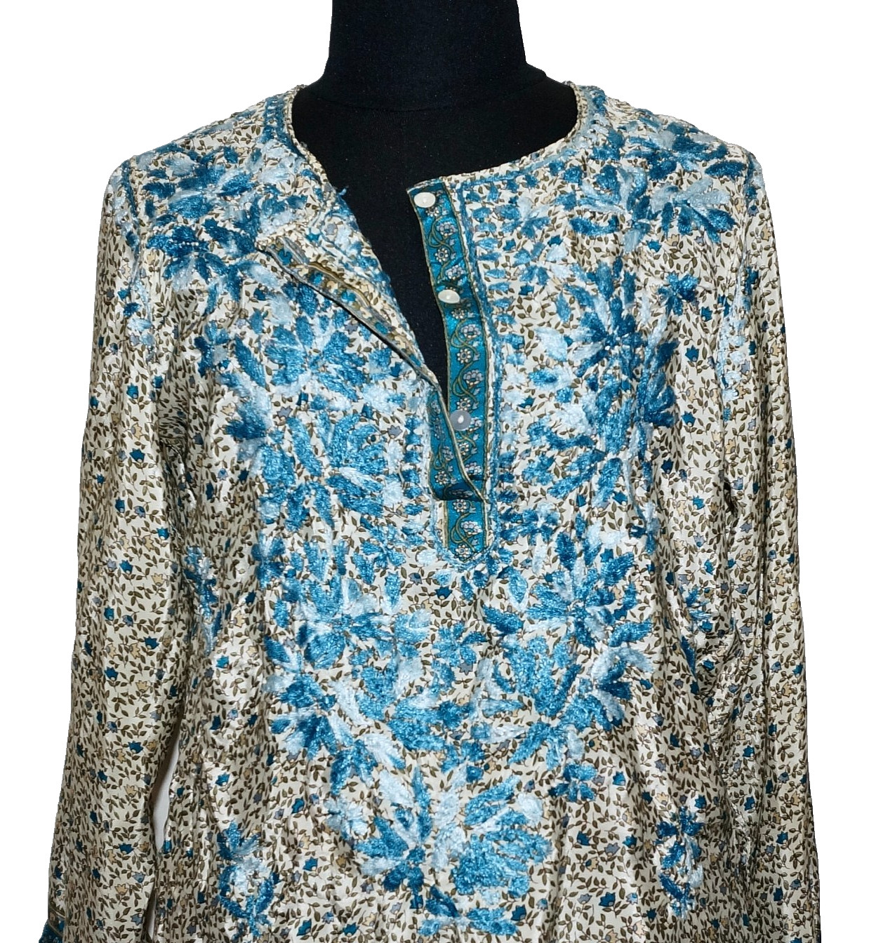 CUSTOM CRAFTED Multicolor Silk & Embroidery Mid-Length Tunic Top S/M