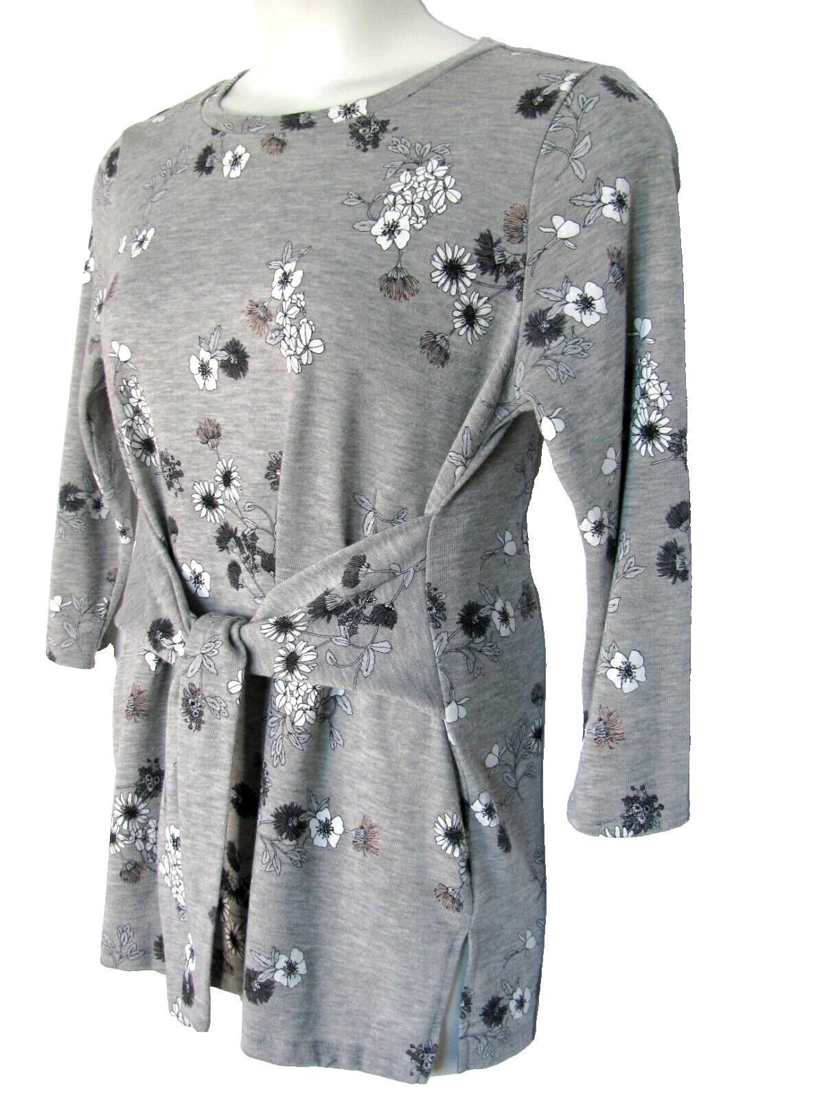 Liz Claiborne Women’s Large Gray Floral Belted Tunic Top 3/4 Sleeve Pockets