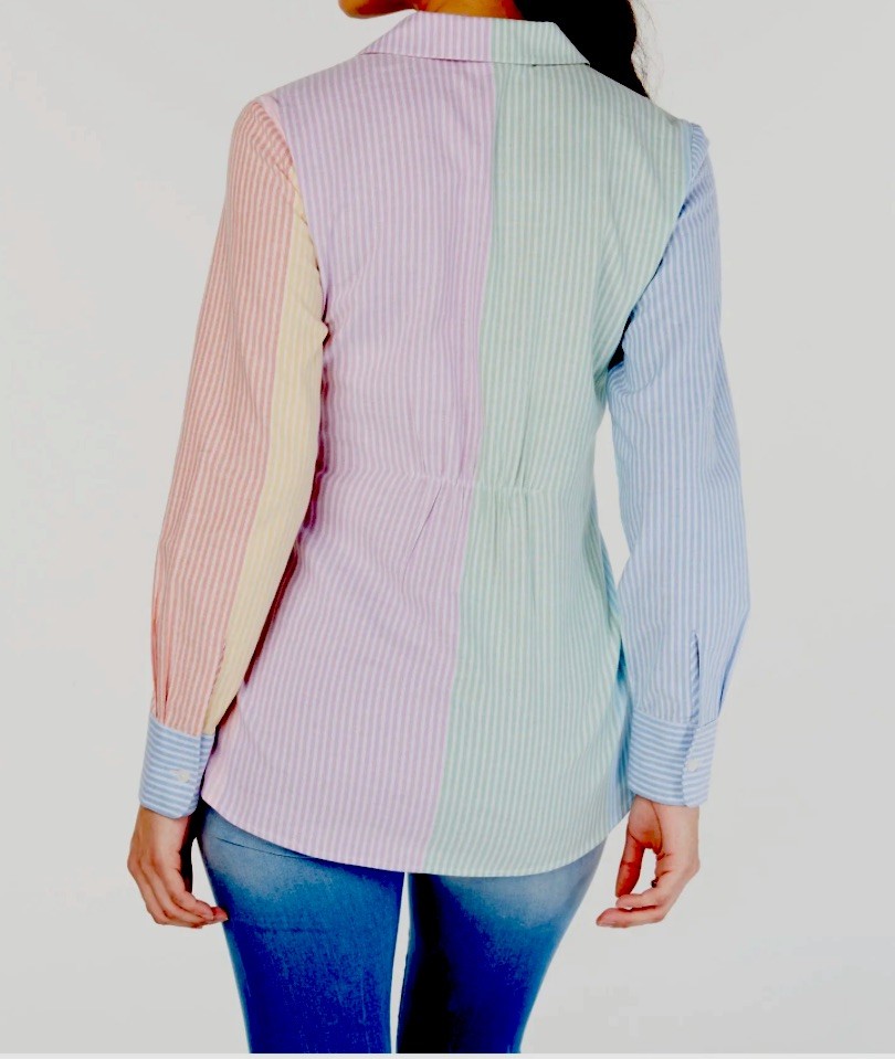 Tommy Hilfiger Women Striped Multi Colorblock Tie Front Cotton Blouse Top Sz L