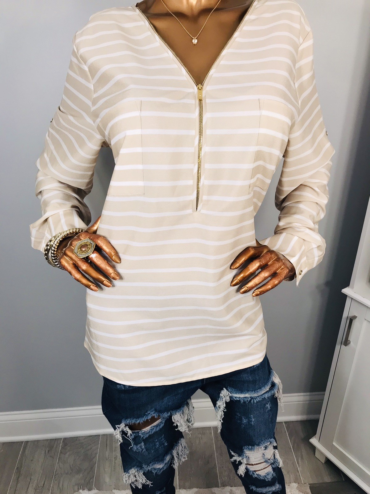 Calvin Klein XL Top Striped CK Logo 1/2 Zip Up Shirt Blouse Low Cut Silky Sheer