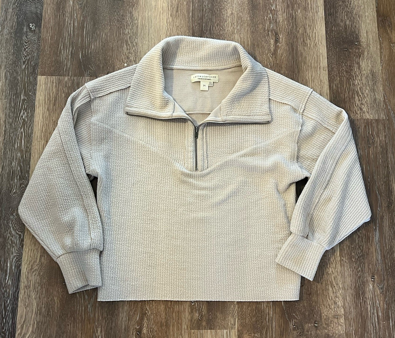 Saltwater Luxe 1/2 Zip Pullover Top Boxy Ribbed Textured Ivory Cream Medium