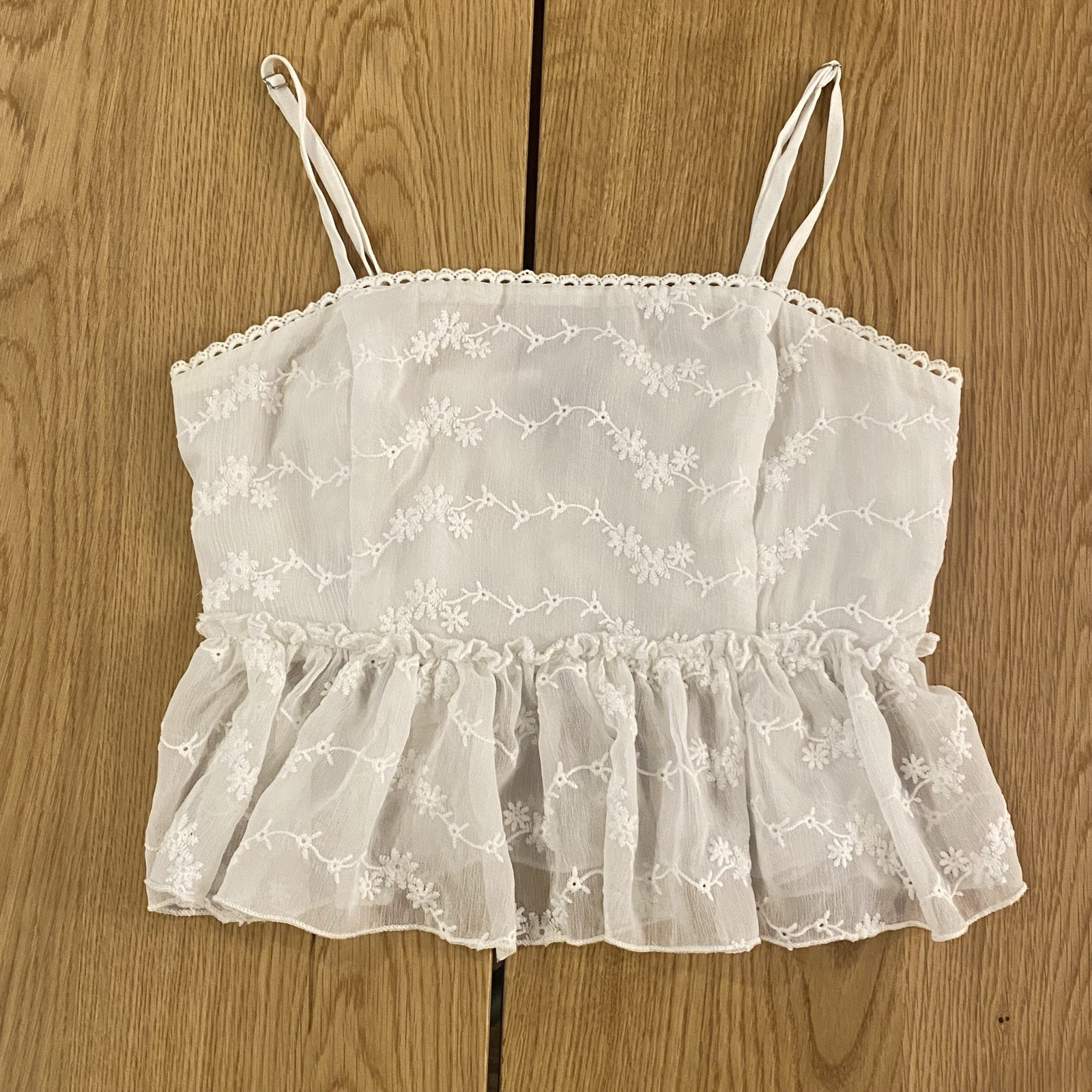 Forever 21 Women’s Babydoll Lace Cami White Crop Top Trim Strappy Sleeveless S