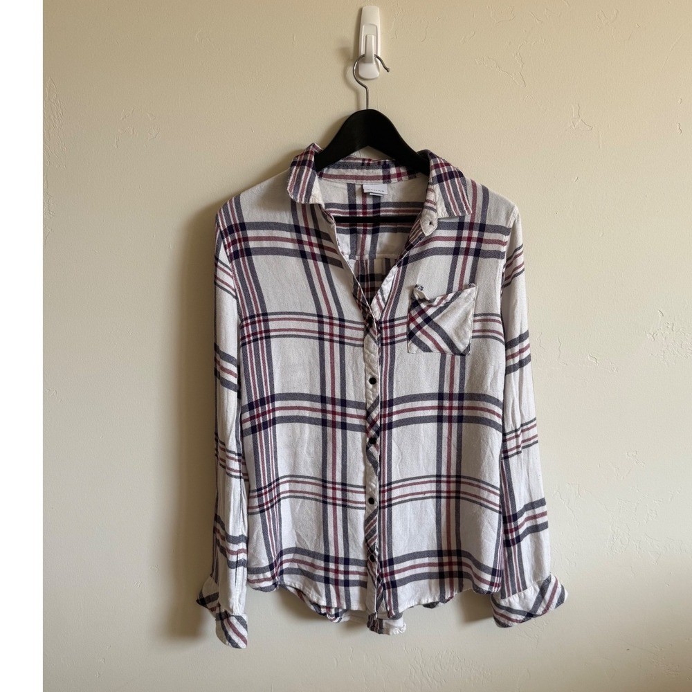 Kenar Womens Large Plaid Button Down Shirt Long Sleeve Rayon White Burgundy Navy