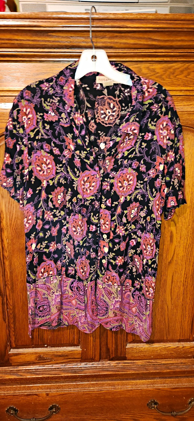 Notations Women’s L Black Purple Pink Floral Woven Collared Button Front Blouse