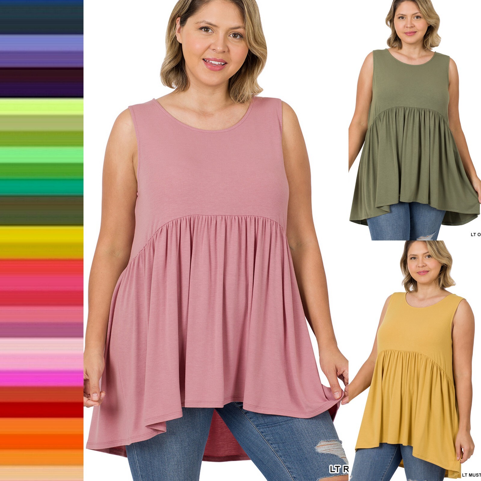 1X 2X 3X Women’s Sleeveless Empire Waist Shirring Baby Doll Tank Top Rayon Tunic
