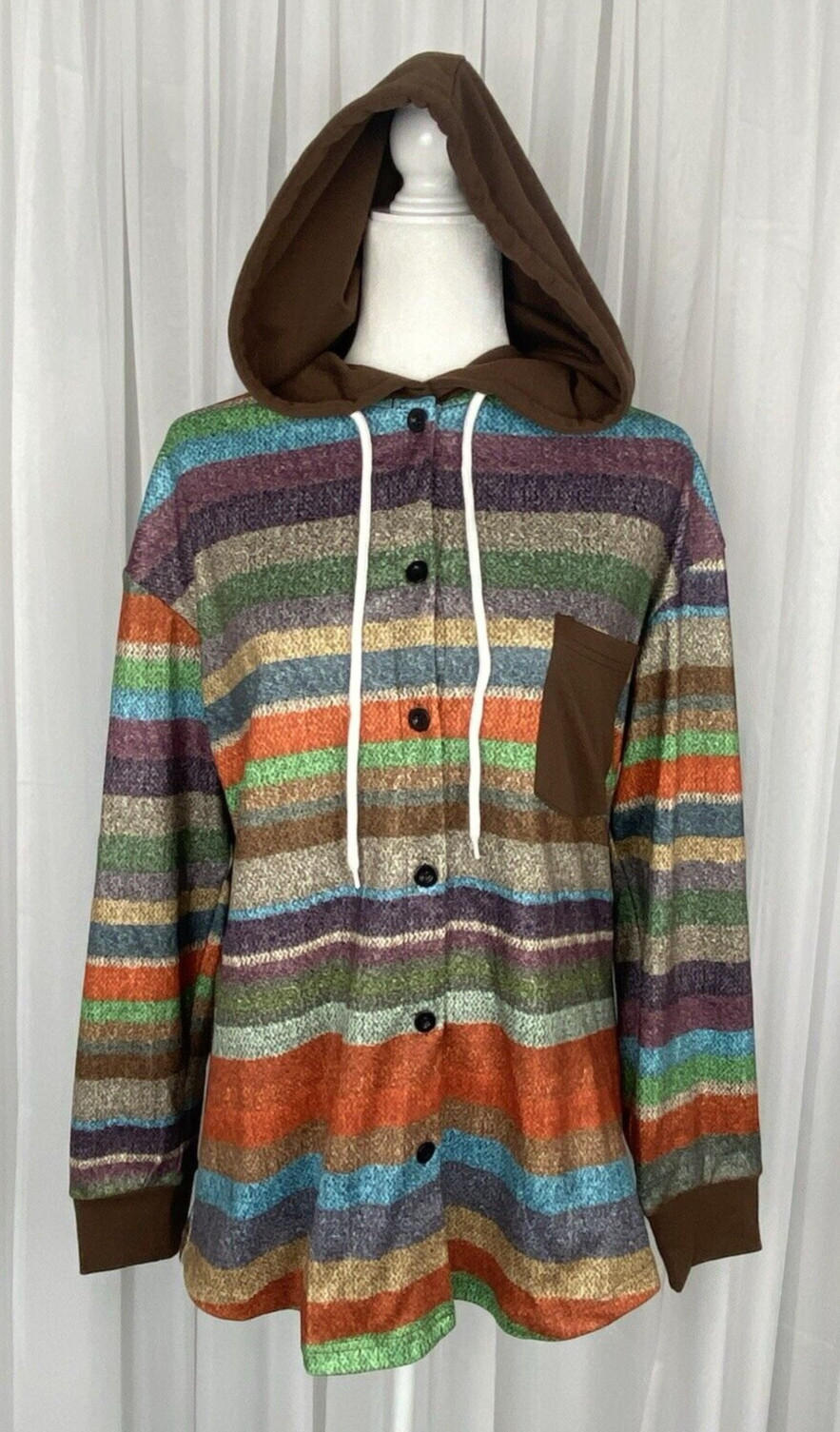 Exclusive Sz M Brown Orange Blue Striped Button Up Knit Top With Hood New