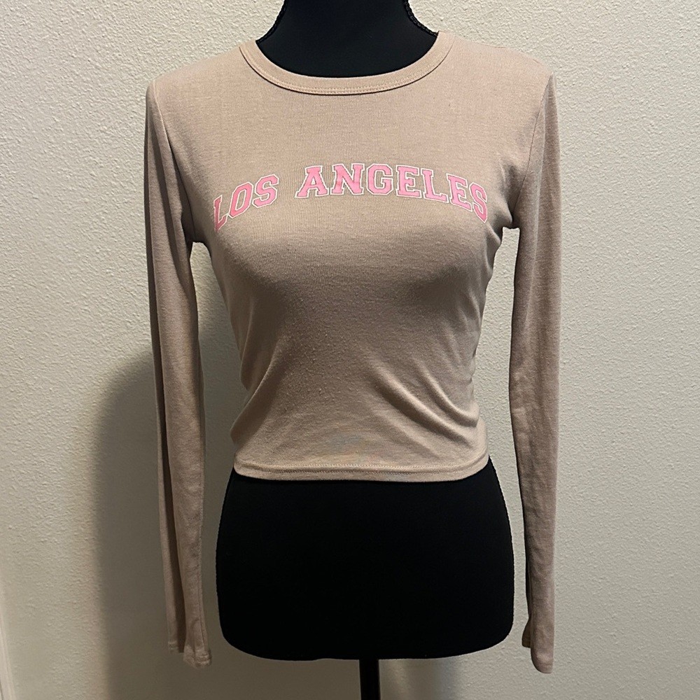 -Beige Long Sleeve Top with Pink ‘Los Angeles’ Print