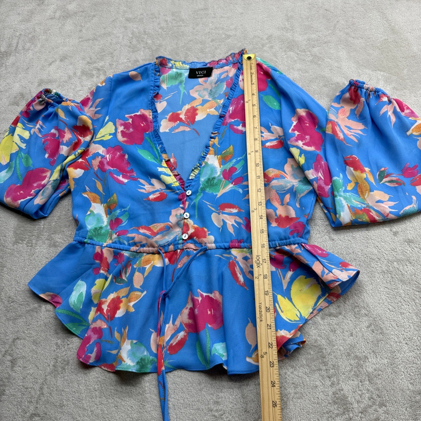 VICI Floral Peplum Blouse Womens Small Blue V-Neck Balloon Sleeve Boho Festival