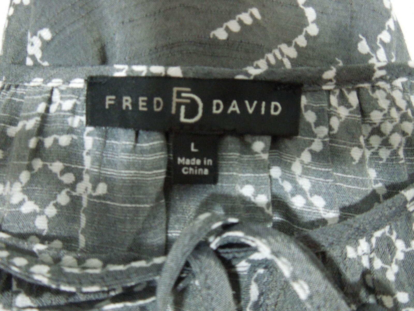 FRED DAVID Boho Blouse L LARGE Womens Gray White Printed Loose Fit 3/4 Sleeves