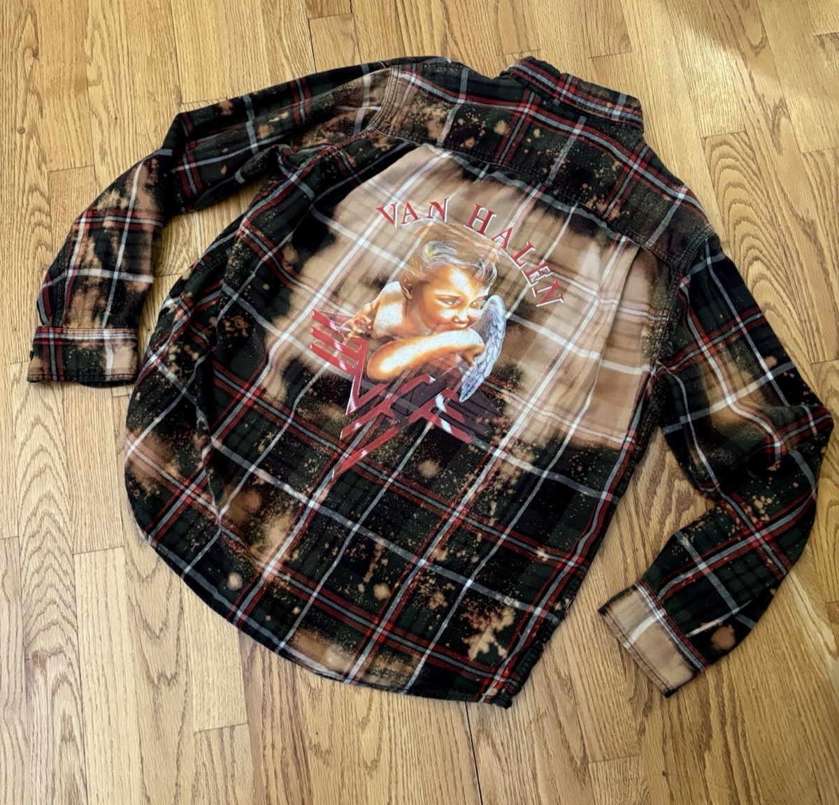 Van Halen Upcycled Bleached Flannel Women’s Large Rock Band Heavy Metal Shirt