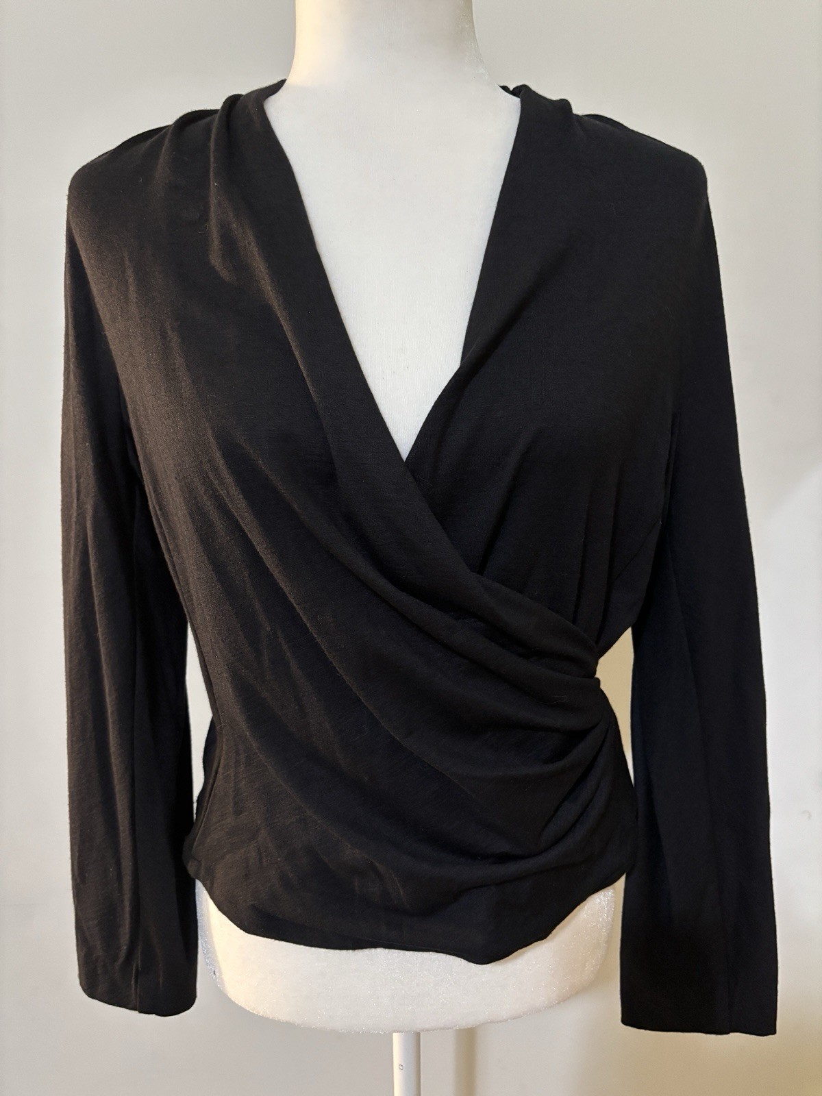 Anne Klein Black Knit Wool Silk Stretch Ruched Wrap V-Neck Blouse Women’s 16