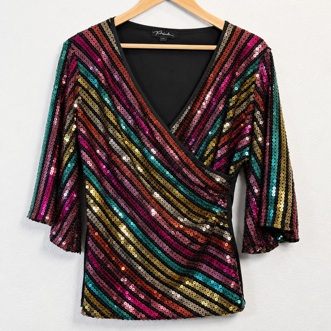 Prelude Sequin Wrap Blouse Womens Medium Black Rainbow Stripe 3/4 Sleeve Top
