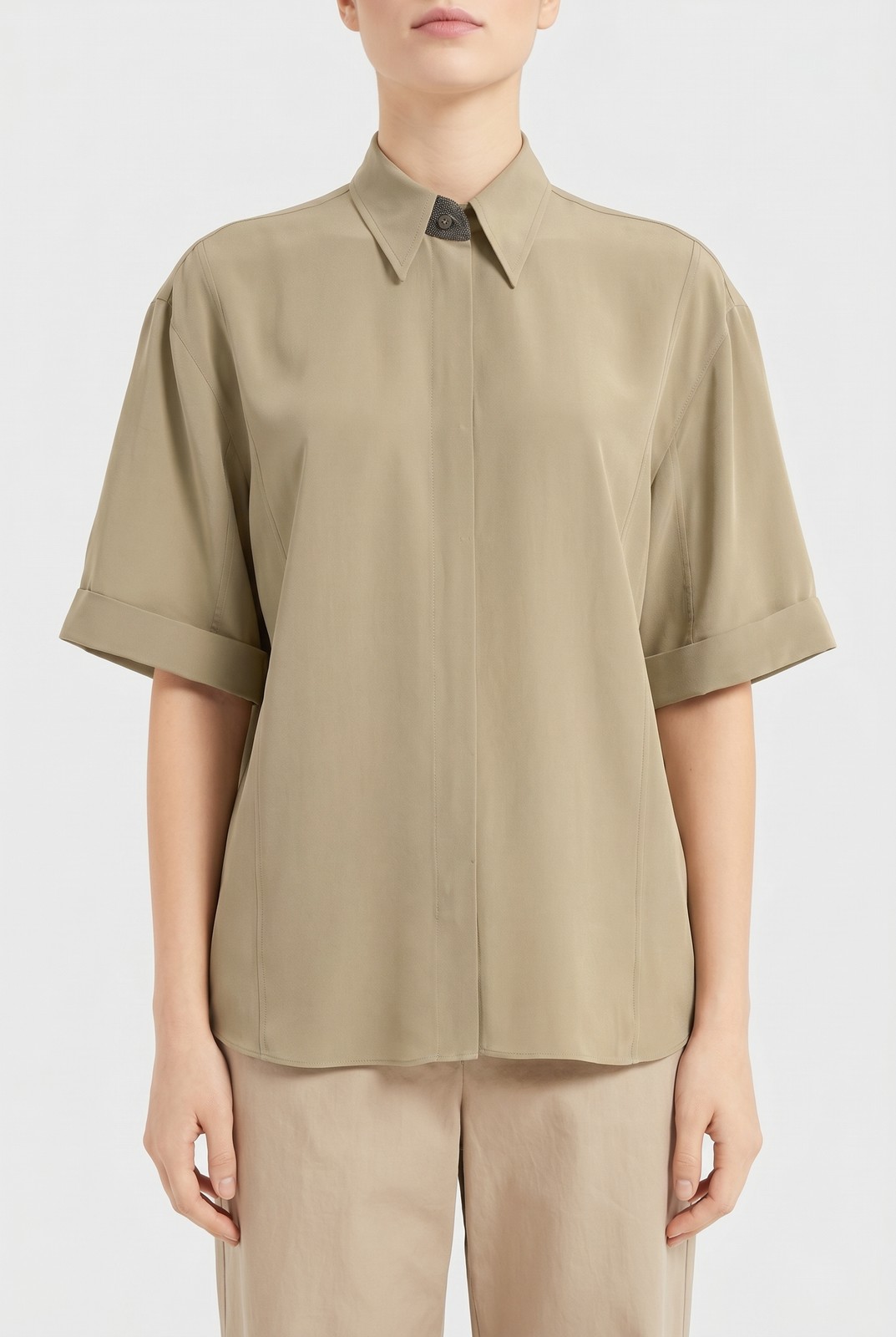 BRUNELLO CUCINELLI WOMEN’S LIGHT KHAKI SILK SHIRT MSRP $3190
