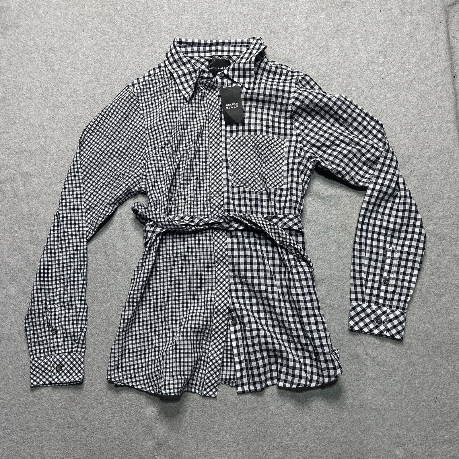 Buckle Black Modern Fit Button Front Belted Womens Size S Gingham Plaid Shirt