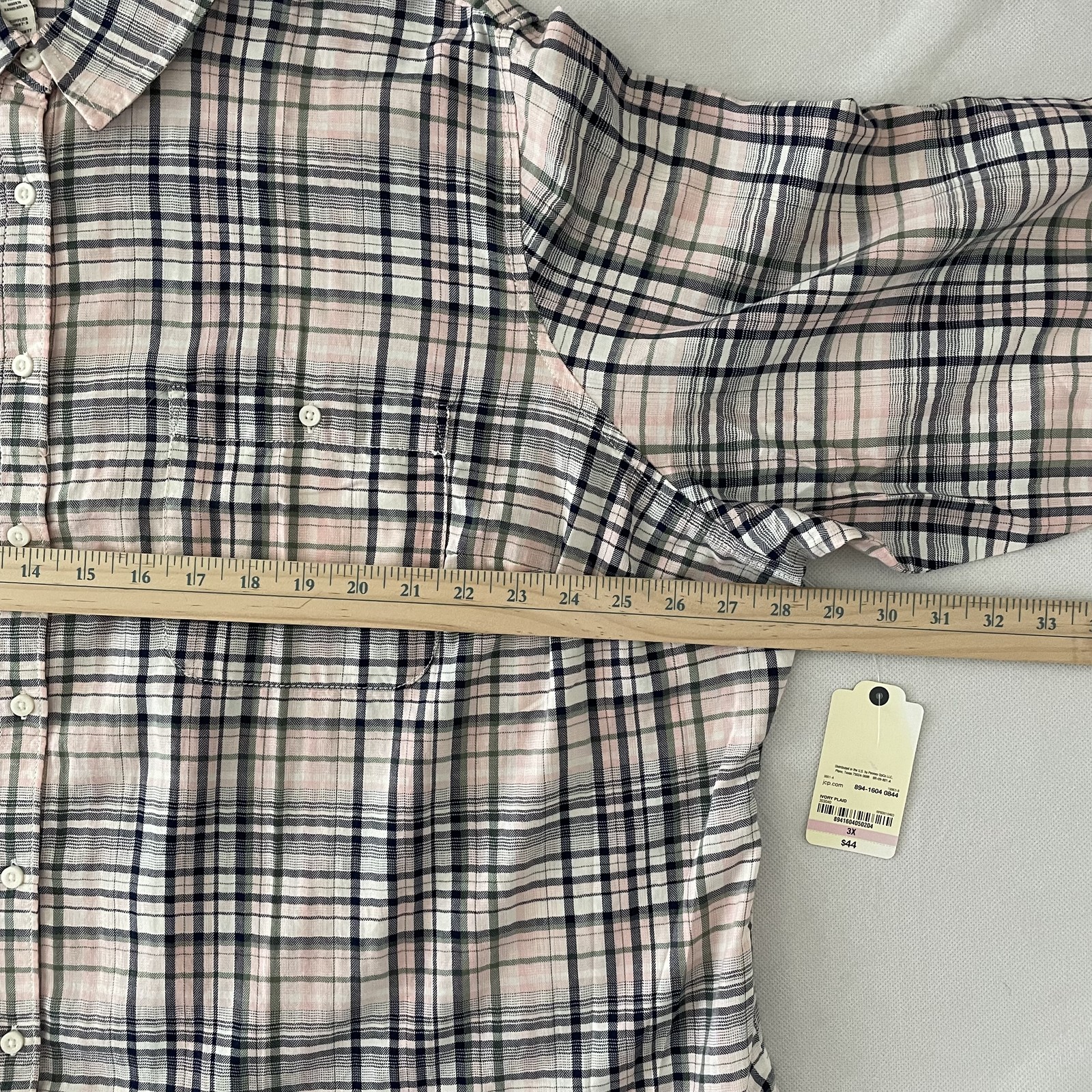 NWT St. John’s Bay Plaid Button-Up Long Sleeve Shirt Pink Cotton Women Size 3X-C